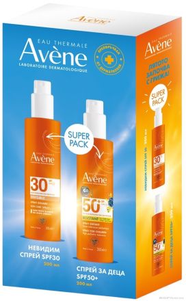 Авен СЪН Слънцезащитен спрей за деца SPF50+ и Слънцезащитен спрей за възрастни SPF30 ПРОМО ПАКЕТ | Avene Sun Promo Kit