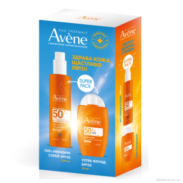 Авен СЪН SPF50+ Слънцезащитен спрей за лице и тяло + Слънцезащитен ултра флуид ПРОМО ПАКЕТ | Avene Sun