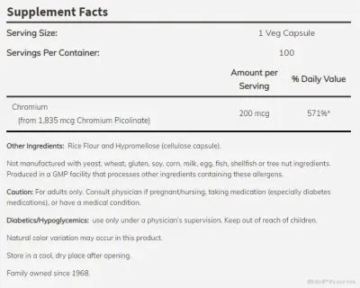 Хром пиколинат 200 мкг х 100 капсули Now Foods | Chromium Picolinate