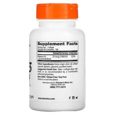 Витамин Д3 1000 IU х 180 капсули ДОКТОР'С БЕСТ | Doctor's Best Vitamin D3