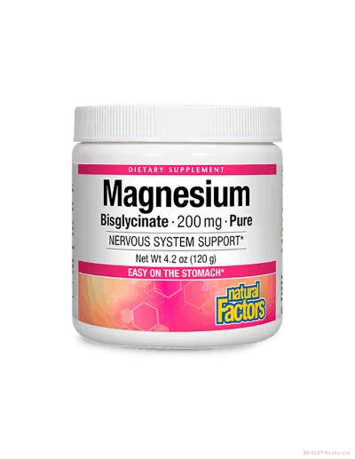 Магнезий (бисглицинат, хелатиран) 200мг 120гр на прах Natural Factors | Magnesium Bisglycinate