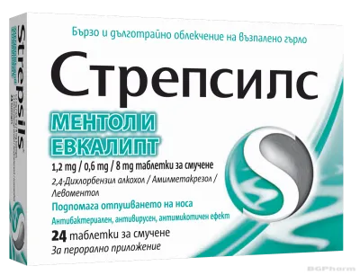 СТРЕПСИЛС МЕНТОЛ И ЕВКАЛИПТ х 24 таблетки за смучене | STREPSILS Reckitt Benckiser Healthcare