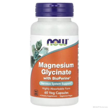 Магнезий бислицинат ( хелат ) 100 мг  + Биоперин х 60 капсули Now Foods | Magnesium Bisglycinate
