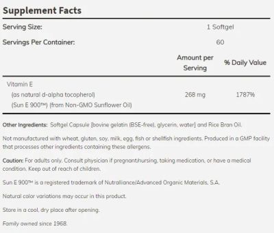 Витамин E 400 IU От слънчоглед х 60 меки капсули Now Foods | Vitamin E Sun-E