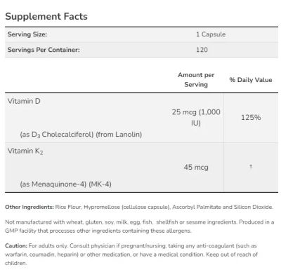 Витамин Д3 + К2 1000IU/45 мкг х 120 капсули Now Foods | Vitamin D-3 + K-2 MK4