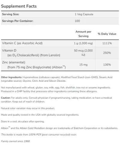 Витамин Ц 1000 + Цинк и Витамин Д3 х 100 капсули Now Foods | Vitamin C + Zinc + D-3