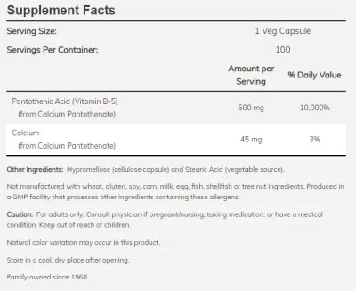 Пантотенова Киселина (Витамин Б5) 500 мг х 100 капсули Now Foods | Pantothenic Acid Vitamin B-5