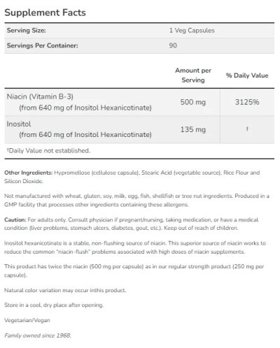 Ниацин (Витамин Б3) Недразнеща Форма 500 мг х 90 капсули Now Foods | Flush-Free Niacin