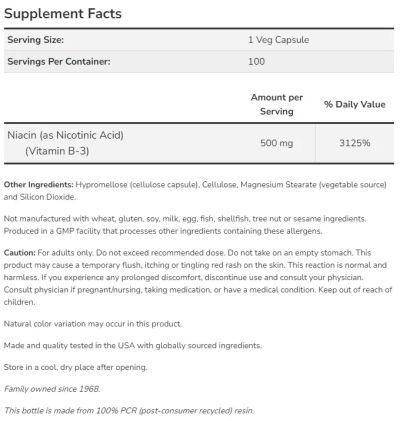 Ниацин (Витамин Б3) 500 мг х 100 капсули Now Foods | Niacin Vitamin B-3