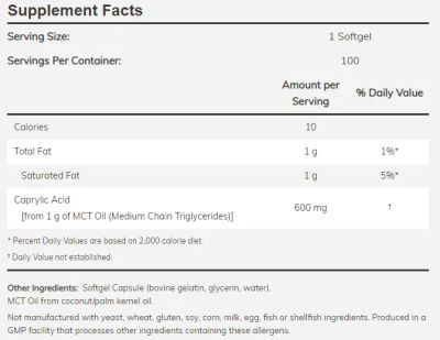 Каприлова киселина 600 мг х 100 меки капсули Now Foods | Caprylic Acid