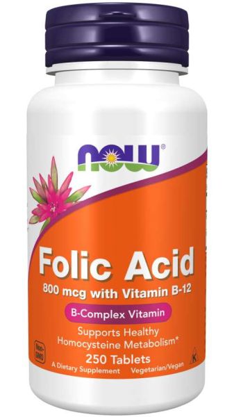 Фолиева киселина (Витамин Б9) 800 мкг + Витамин Б12 х 250 таблетки Now Foods | Folic Acid + B-12