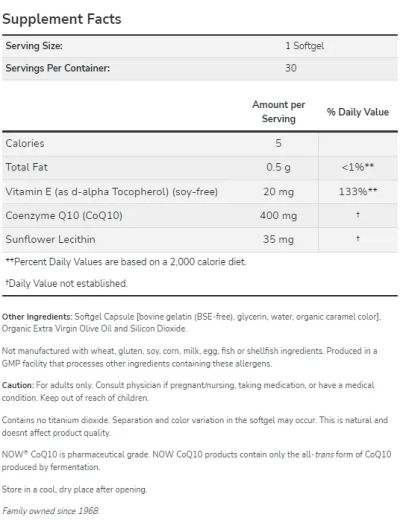 Коензим Q10 400 мг х 30 меки капсули Now Foods | Coenzyme Q10