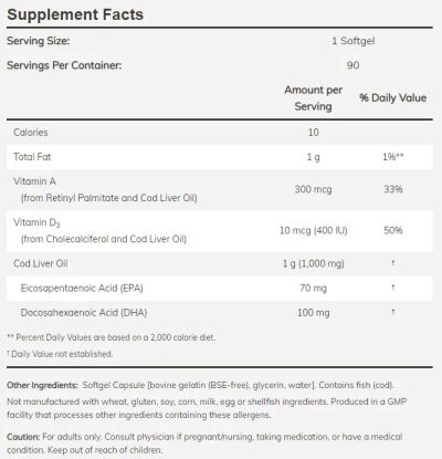 Омега 3 Масло от черен дроб на риба треска 1000 мг х 180 меки капсули Now Foods | Cod Liver Oil