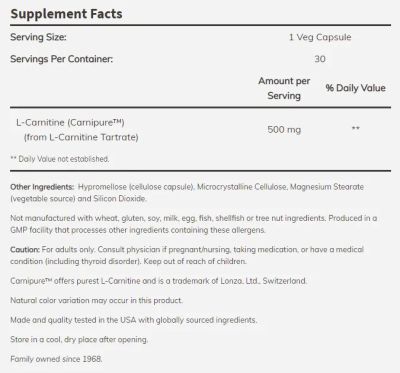 Л-Карнитин 500 мг х 30 капсули Now Foods | Carnipure L-Carnitine