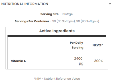 Витамин А Ретинол 2400 мкг х 90 капсули МАЙПРОТЕИН | Myprotein Retinol